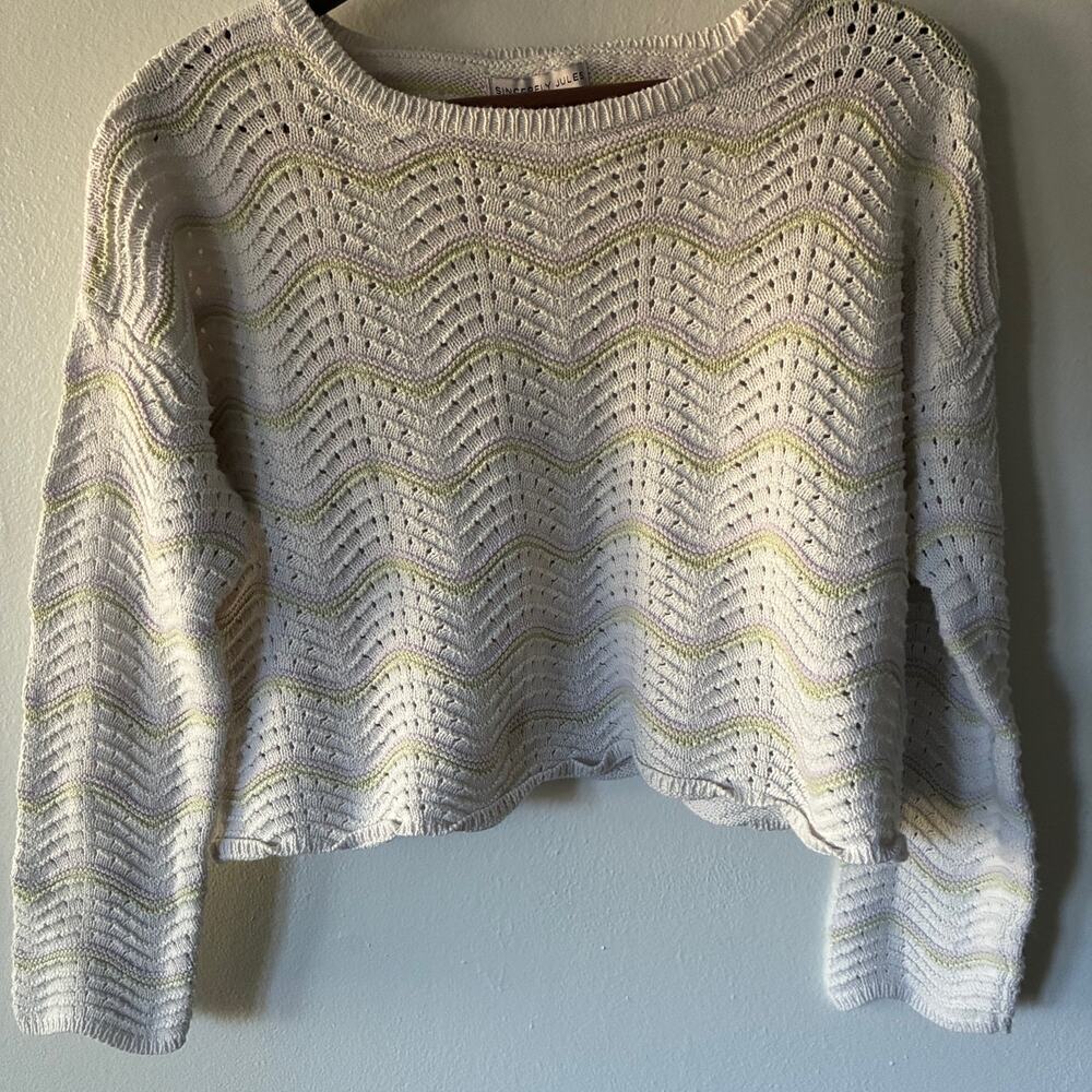 Sincerely Jules Cropped Pointelle Knit Sweater Medium Ivory Pastel Chevron Boho